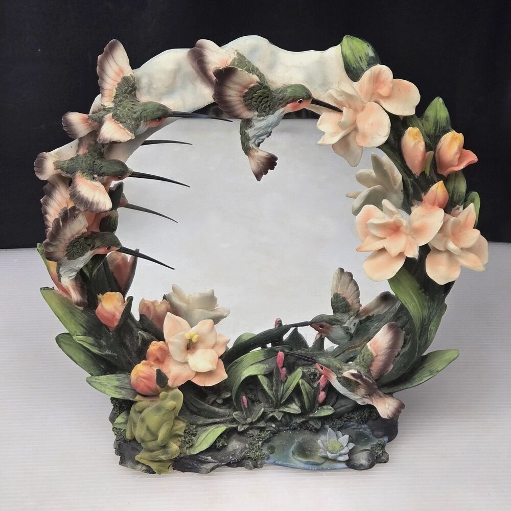 Giovanni Collection Hummingbirds Vanity Mirror Flowers Birds Frog Resin 11" Vtg